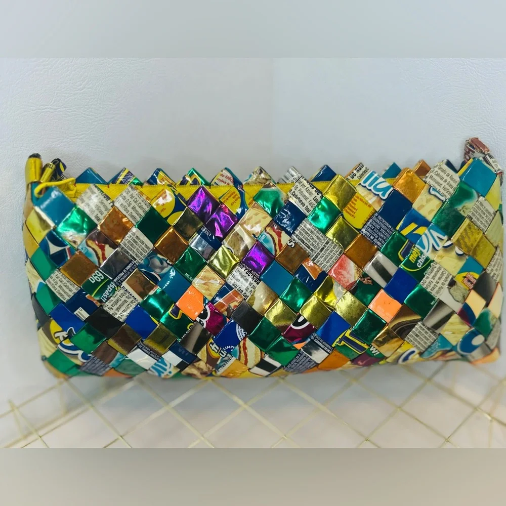 Vintage Handmade Candy Wrapper Clutch Bag Multicolor With Yellow Zipper